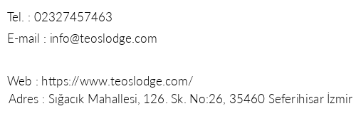 Teos Lodge Sack telefon numaralar, faks, e-mail, posta adresi ve iletiim bilgileri